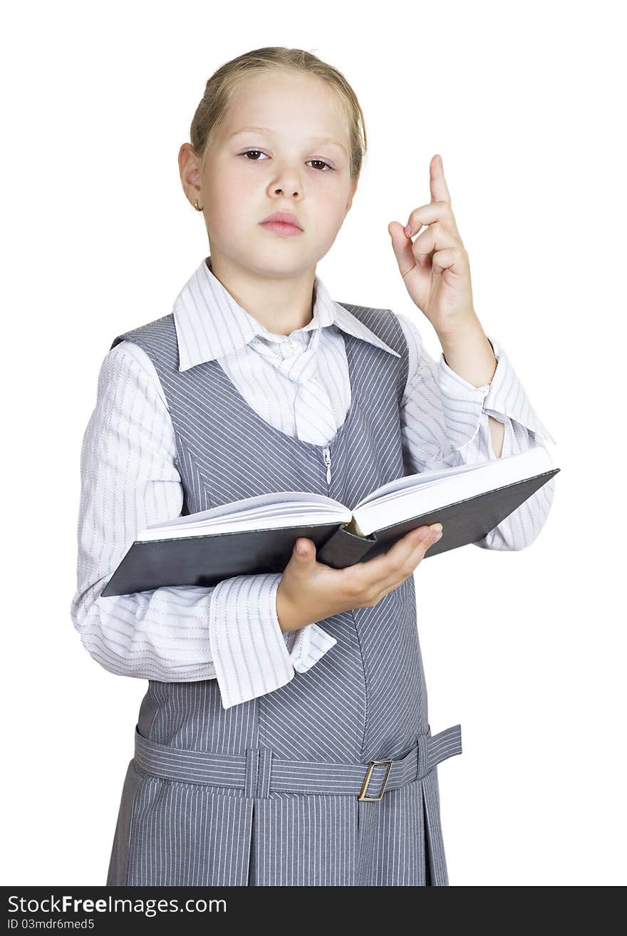 Schoolgirl with a book on white