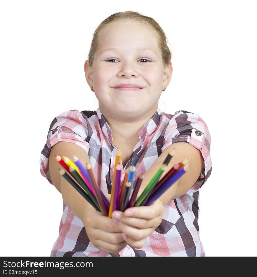 Girl with colored pencils on white background