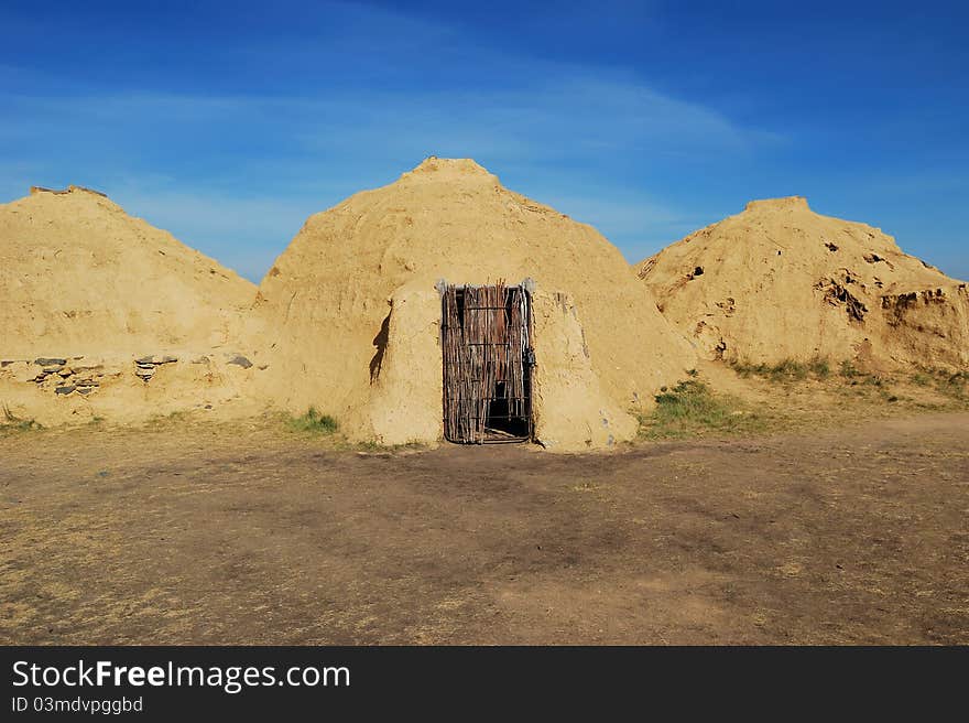 Reconstruction of ancient construction in steppe.