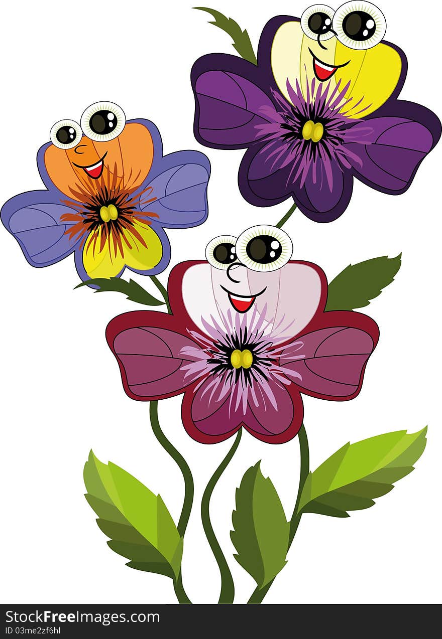 Cute three pansies,cartoon,isolated. Cute three pansies,cartoon,isolated.