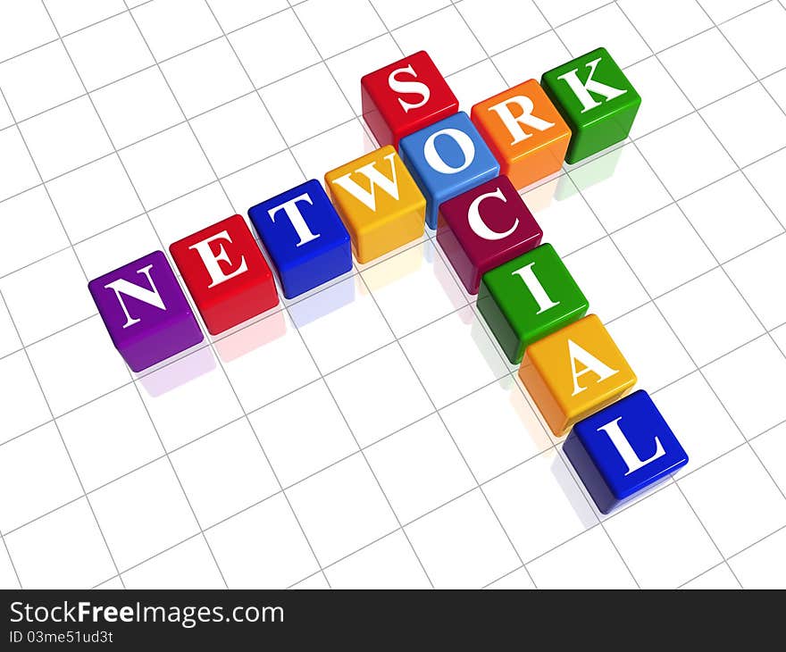 3d colour cubes like crossword with text social network. 3d colour cubes like crossword with text social network