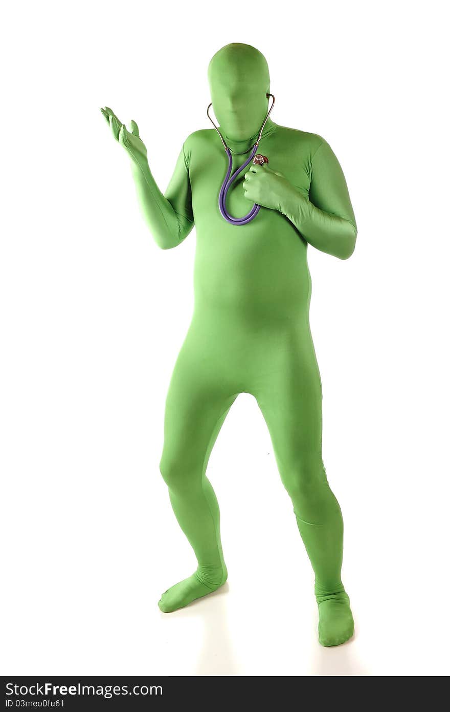 A green morph attempting to listen to his own heart with a stethoscope. Isolated on white. A green morph attempting to listen to his own heart with a stethoscope. Isolated on white.