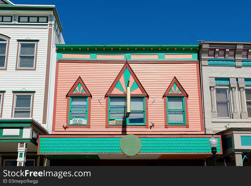 Colorful merchant's row in Mackinac Island Michigan