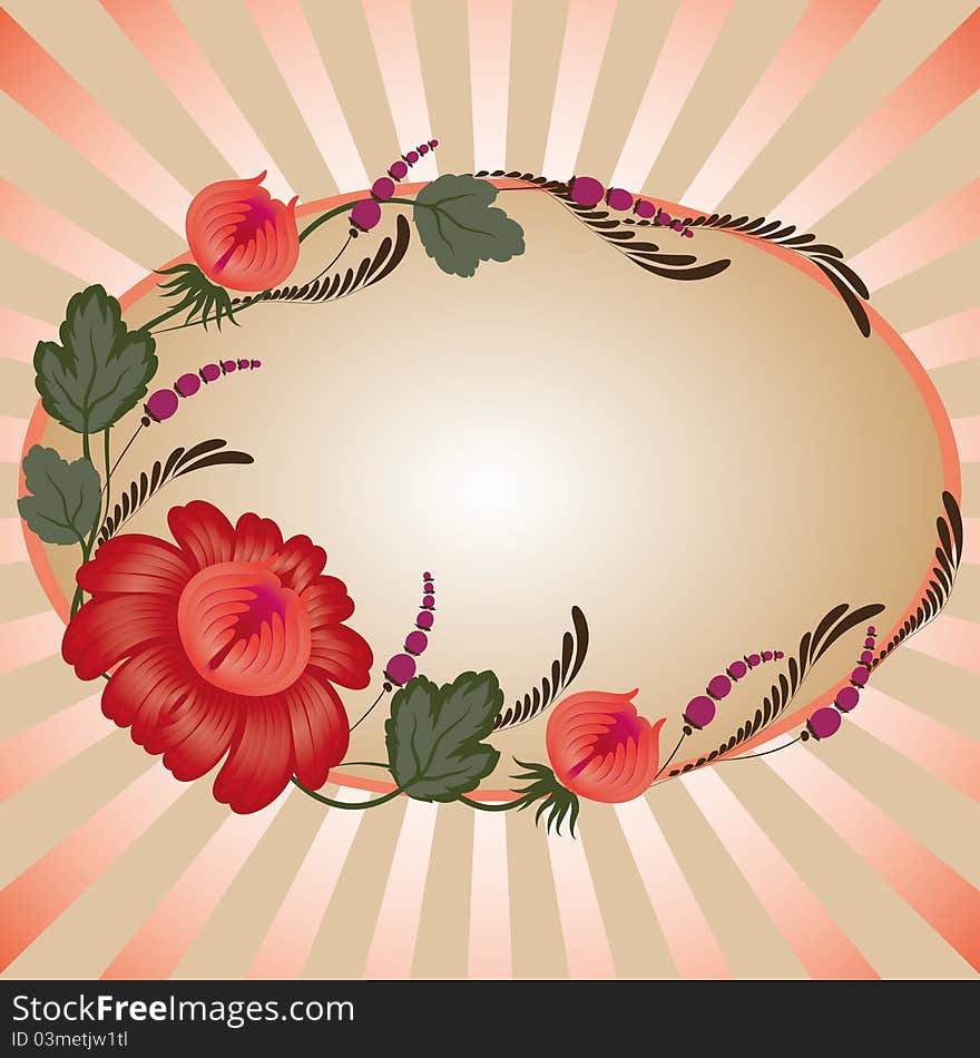 Red flowers on a beige background - in the style of hand-painted. Floral design. postcard. Basic elements are grouped.