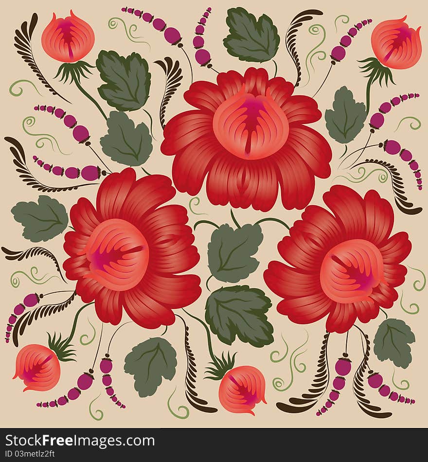 Red flowers on a beige background - in the style of hand-painted. Floral design. Basic elements are grouped.