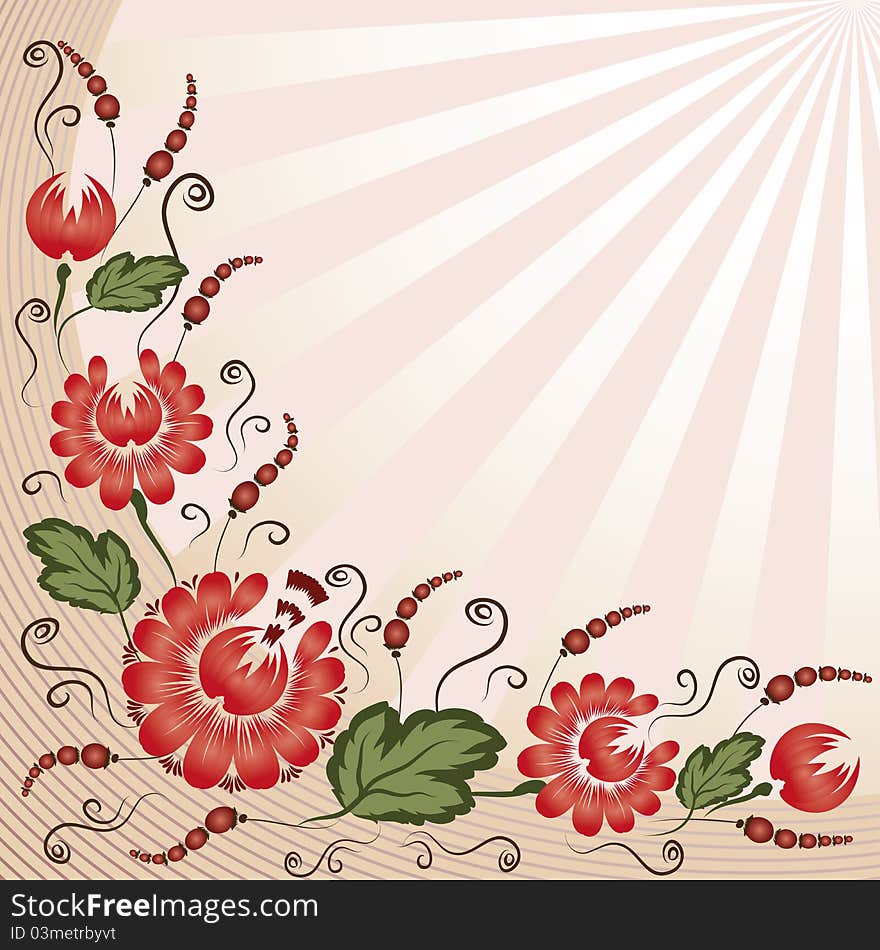 Red flowers on a beige background - in the style of hand-painted. Floral design. Basic elements are grouped.