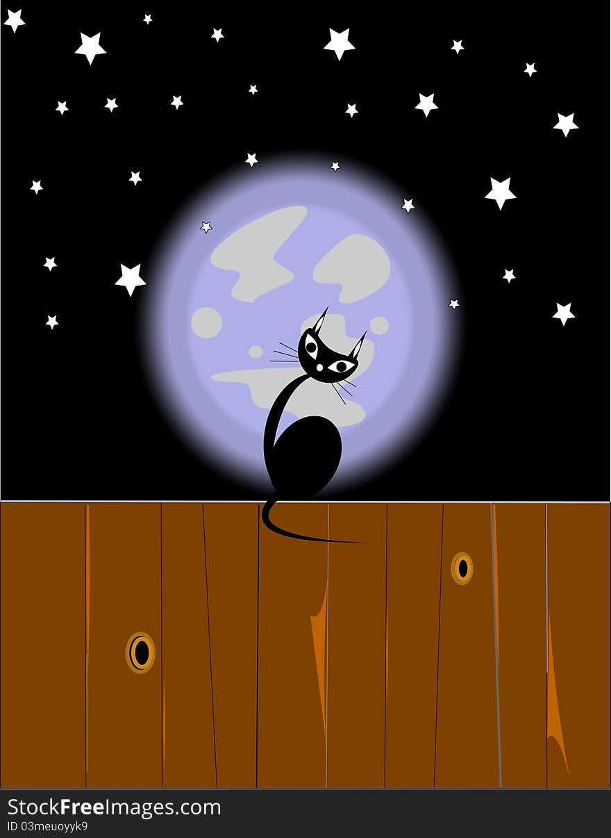 Black cat on fence with full moon behind it concept