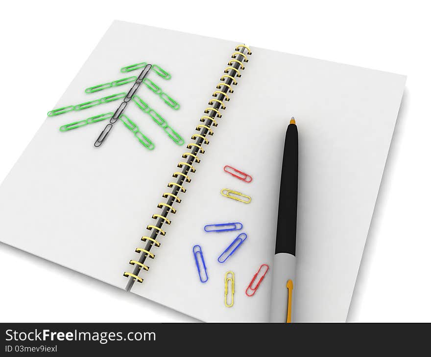 Notebook and pen with a new-year picture on a white background