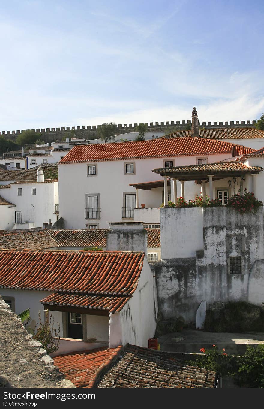 Red Roofs of Small Historical European town Obidos, Portugal