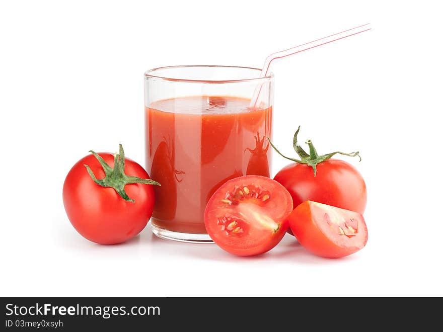 Glass of fresh tomato juice isolated on white