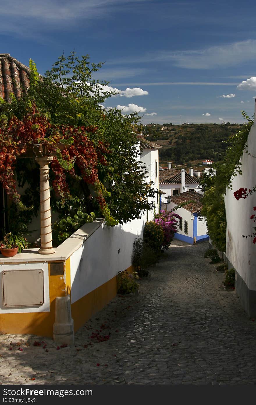 Blooming narrow historic streets of Obidos, Portugal. Blooming narrow historic streets of Obidos, Portugal