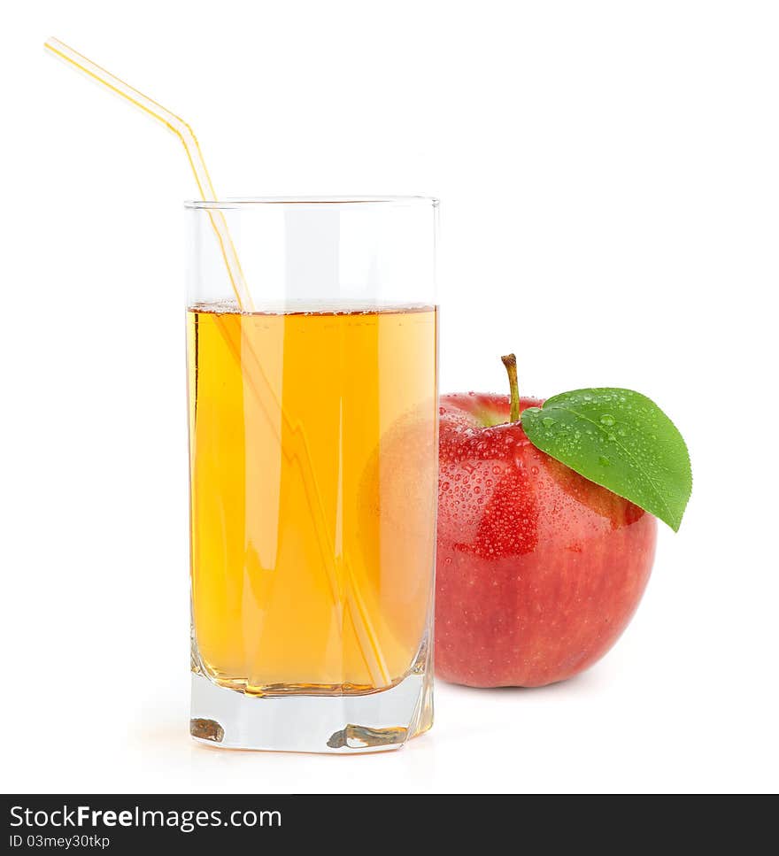 Red apple with juice isolated on white