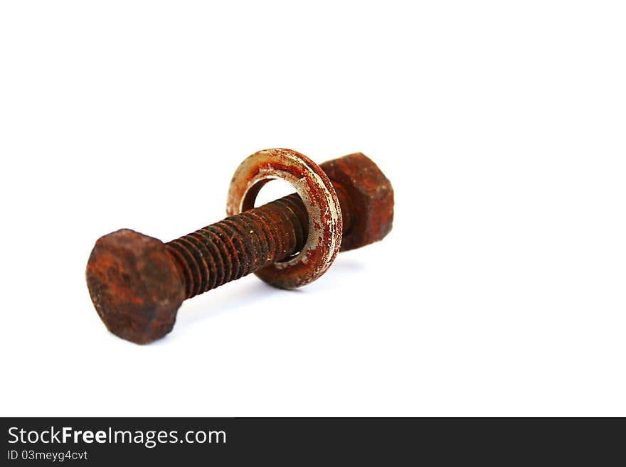 Rusty nut and bolt on white background.