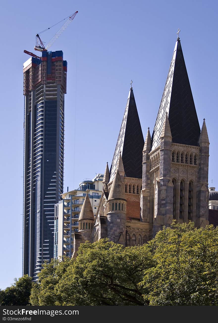 The tallest building in Brisbane being constructed near the Anglican St John Cathedral. The tallest building in Brisbane being constructed near the Anglican St John Cathedral