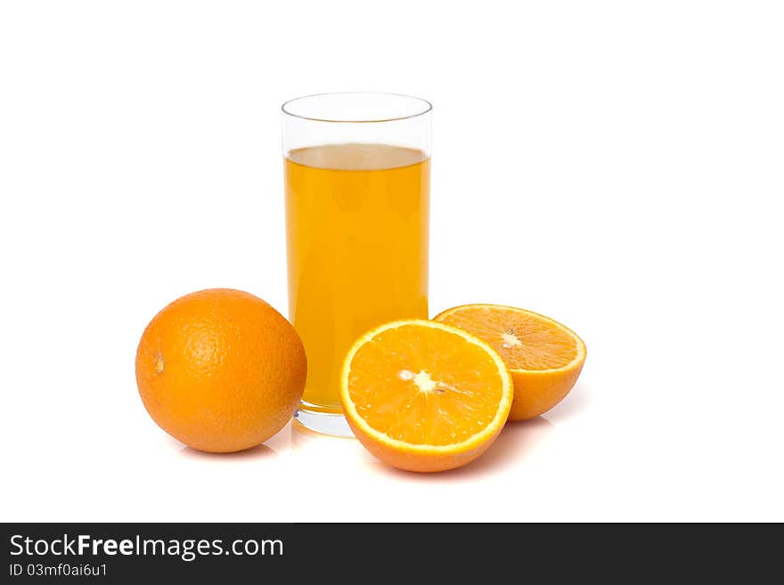 Orange juice and slices of orange isolated on white