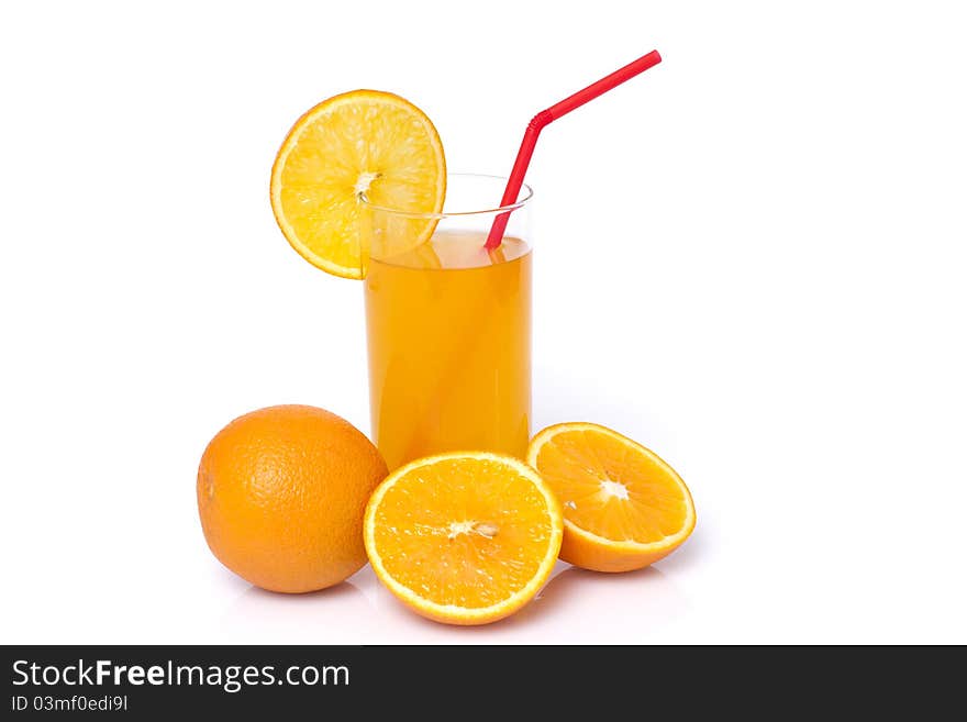 Juice and oranges isolated on white background