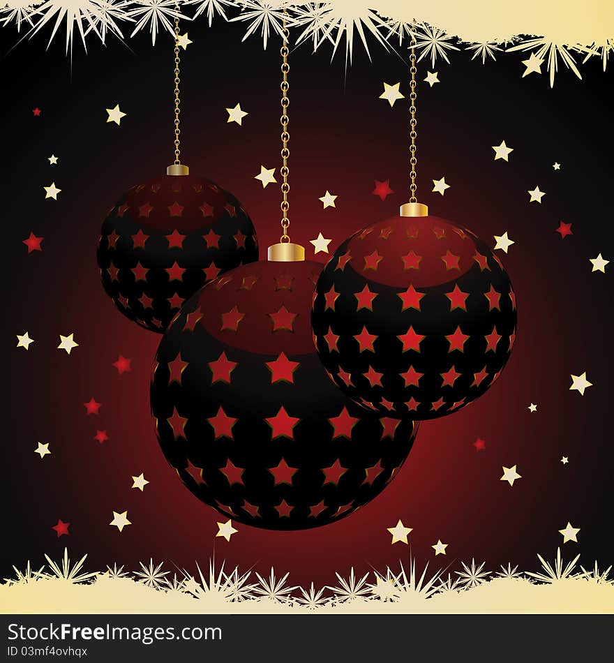 Glossy Christmas baubles wiht stars on a red background with a snowflake border. Glossy Christmas baubles wiht stars on a red background with a snowflake border