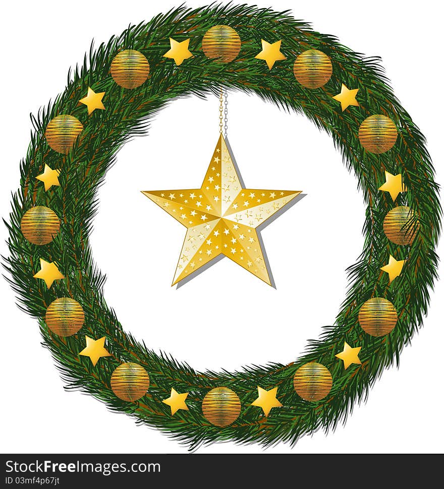 Decorated Christmas wreath with gold star on a white background. Decorated Christmas wreath with gold star on a white background
