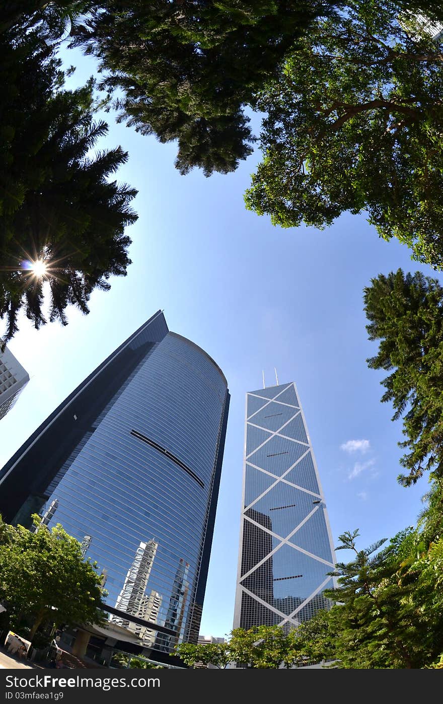 The Bank Of China Tower on right, and ICBC Tower and Citibank Tower on the left. The Bank Of China Tower on right, and ICBC Tower and Citibank Tower on the left