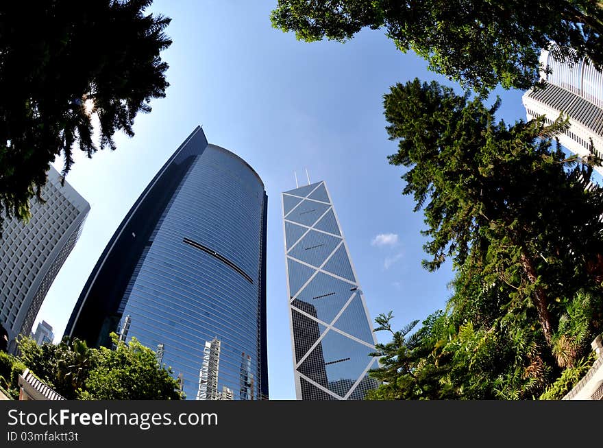 Fisheye view of financial district in Hong Kong