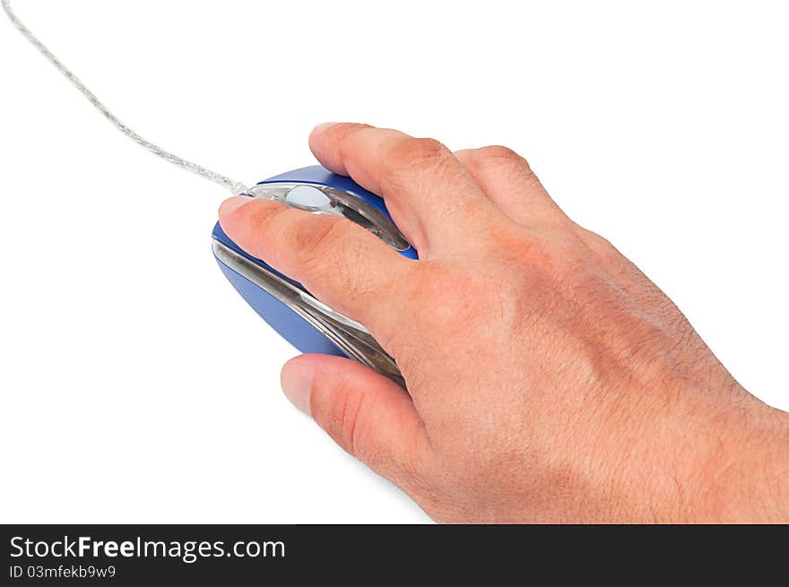 Blue-metallic computer mouse in hand