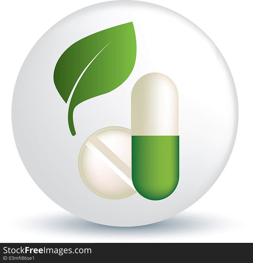 Symbol of green leaf and tablet or capsule representing green and natural medicine. Symbol of green leaf and tablet or capsule representing green and natural medicine