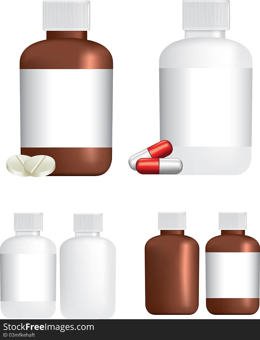 A selection of medicine or tablet bottles and pills on white background using gradient mesh. A selection of medicine or tablet bottles and pills on white background using gradient mesh