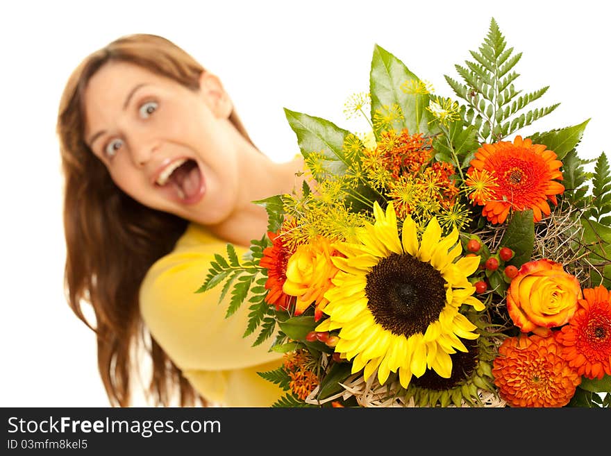 Woman holding flowers in the camera. Woman holding flowers in the camera