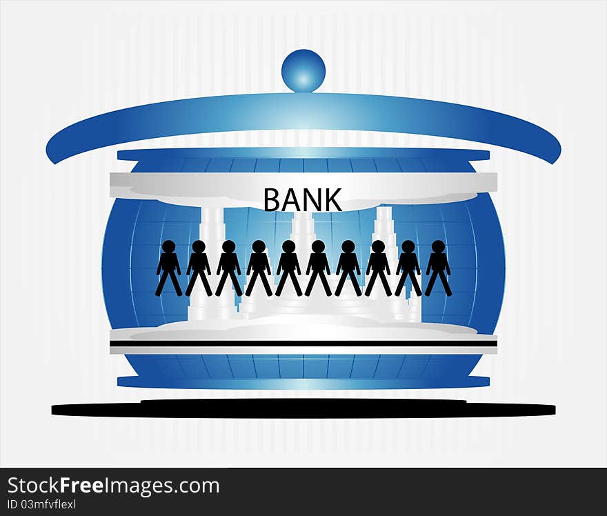 People in bank on grey background