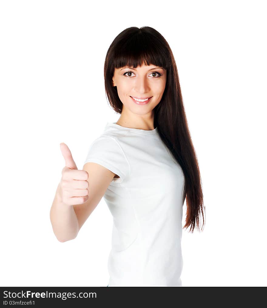 Young lady with thumb up isolated on white