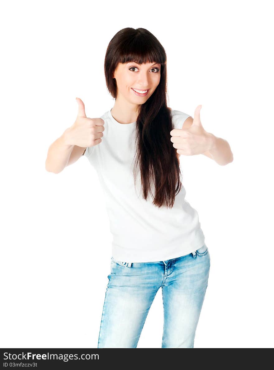 Young lady with thumb up isolated on white