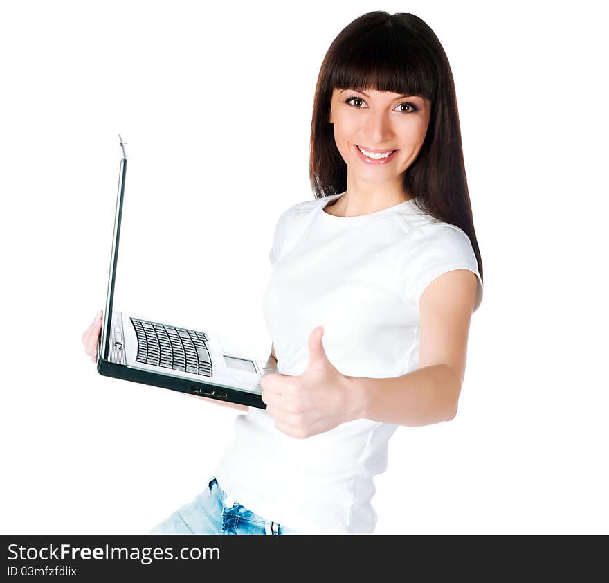 Young woman working with laptop isolated on white. Young woman working with laptop isolated on white