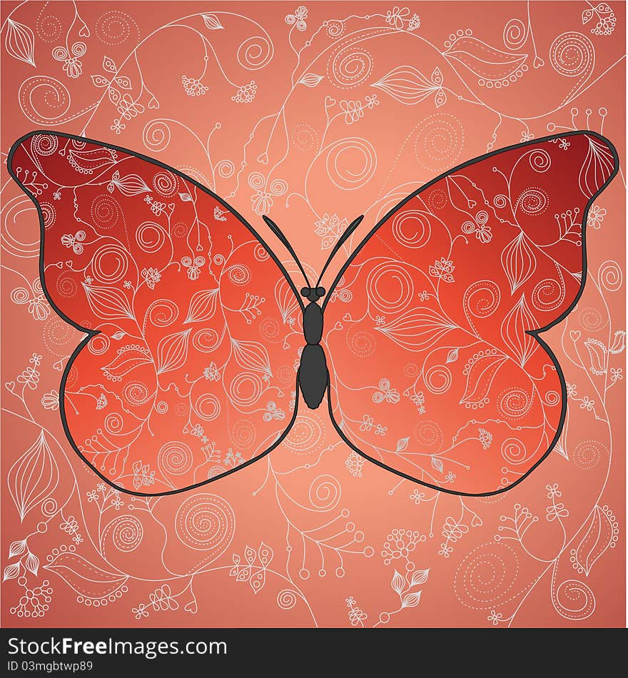 Abstract beautiful red butterfly with a flower pattern