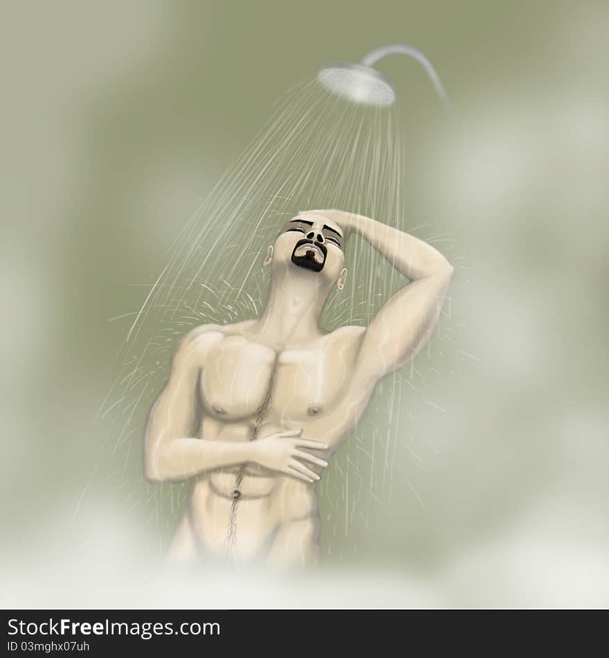 Muscular man with beard takes shower