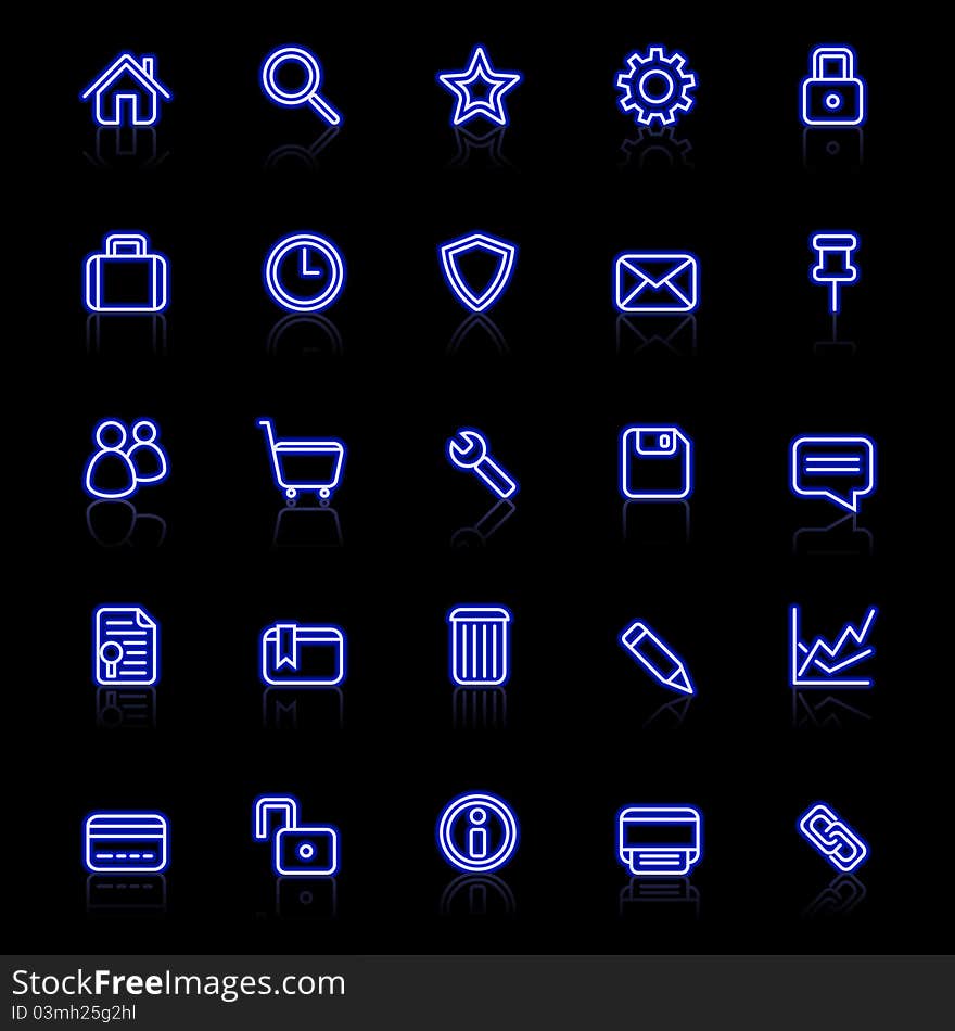 Luminescent web icons on black.