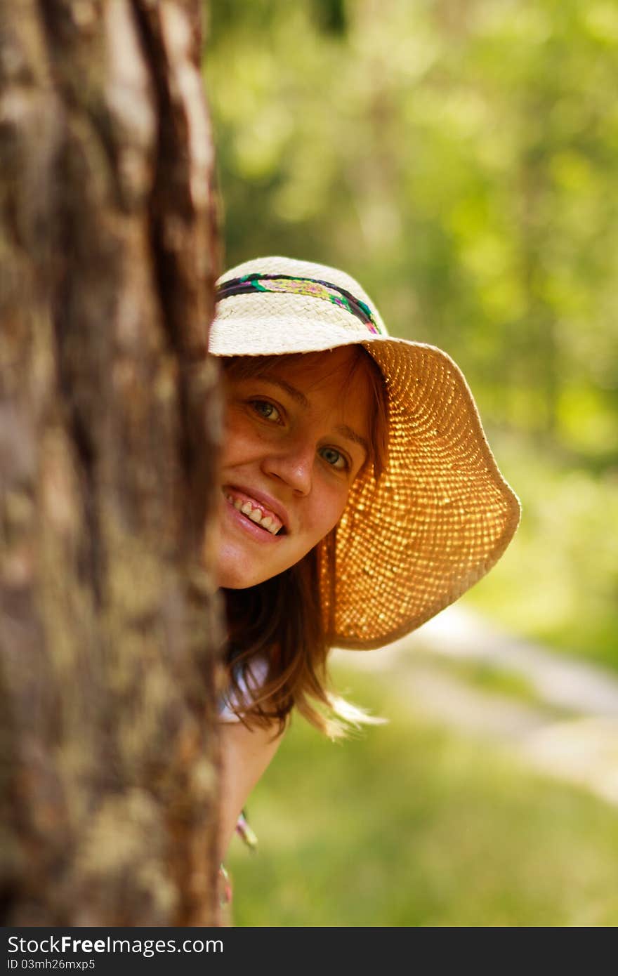 Pretty woman playing in summer forest. Pretty woman playing in summer forest