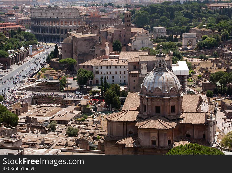 Rome view from Vittoriano with colosseum, church and part of the forum.