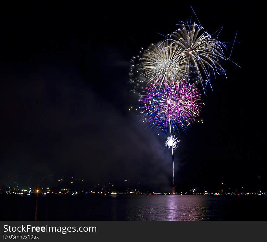 Colorful fireworks on the lake