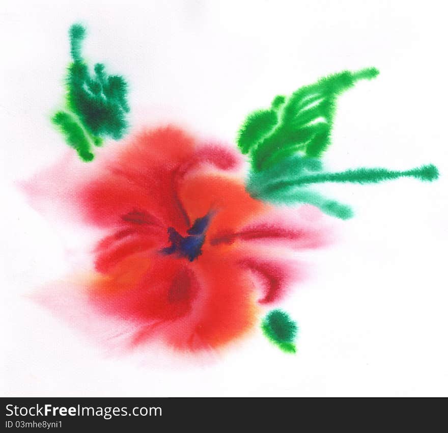 Watercolor painting of red flower with green leaves