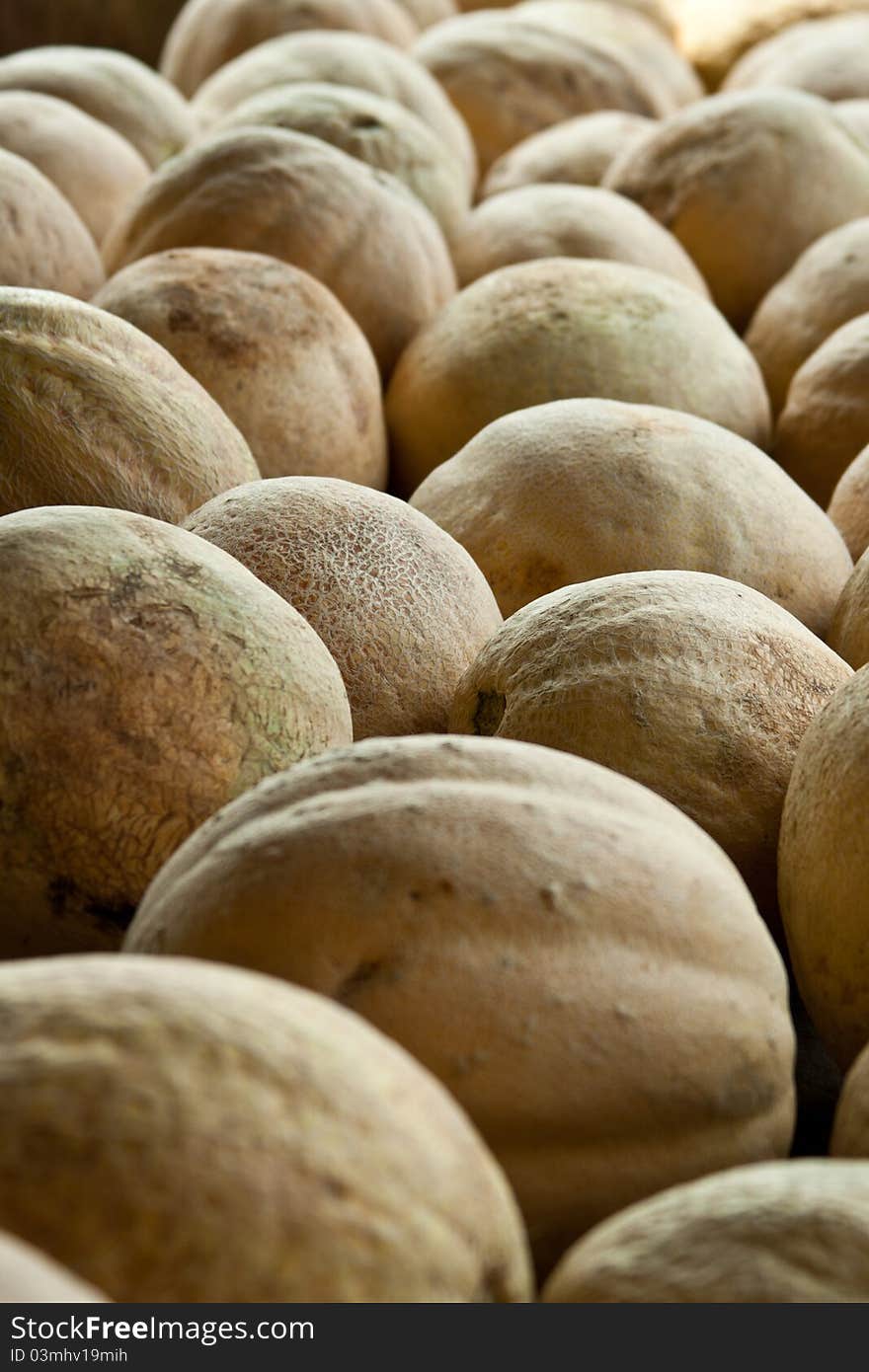 Fresh cantaloupes at a farmer's produce stand.