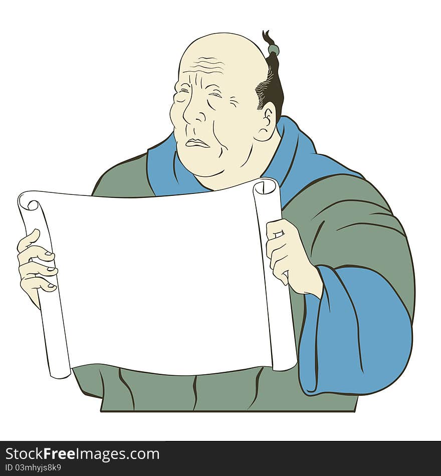 Illustration of an Asian Japanese old man reading holding a blank paper scroll facing front on isolated white background done in cartoon style. Illustration of an Asian Japanese old man reading holding a blank paper scroll facing front on isolated white background done in cartoon style