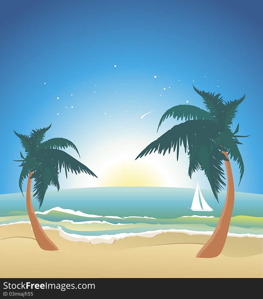 An illustration of an magic tropical night above beach with a palms. Vector (EPS 8) included and you can change colors and shapes for your design. An illustration of an magic tropical night above beach with a palms. Vector (EPS 8) included and you can change colors and shapes for your design.