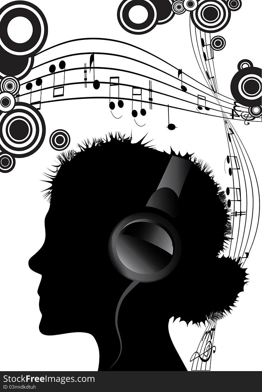 Woman silhouette with headphone and note