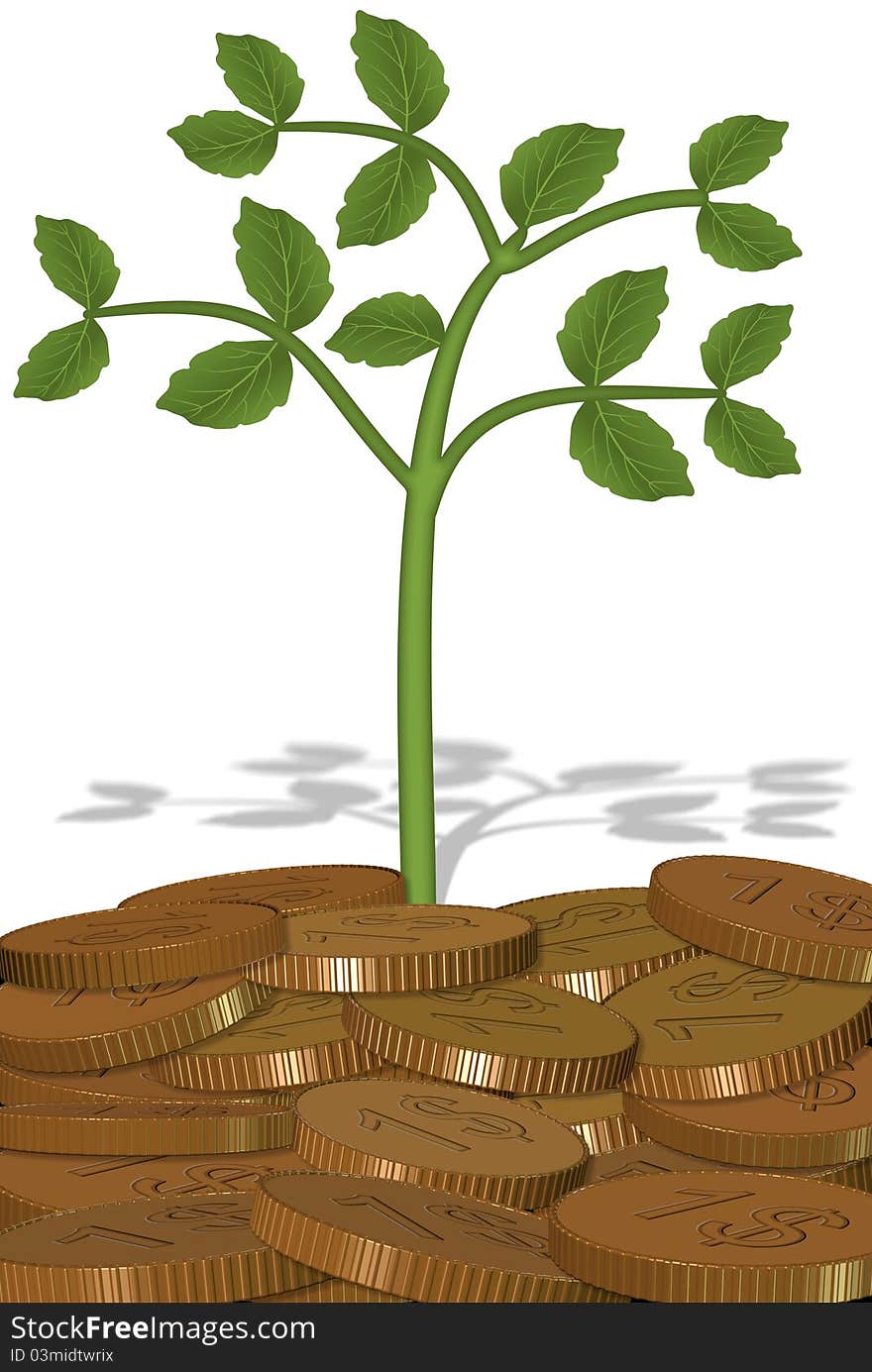 A green plant growing from stack of dollar coins. A green plant growing from stack of dollar coins