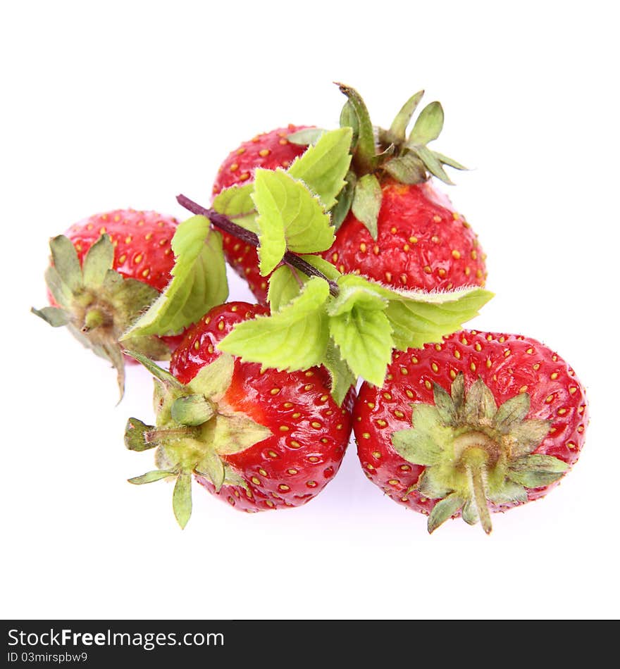 Strawberries with a mint twig on white background