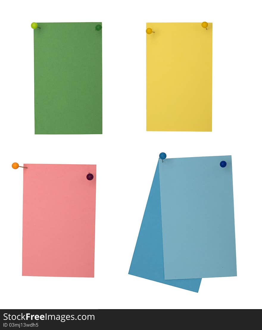 Colorful paper notes with colored pins. Colorful paper notes with colored pins