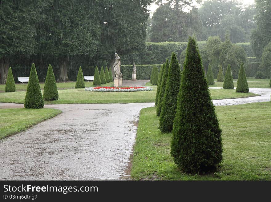 Gardens of the palace in Rogalin (Poland), in the rain. Gardens of the palace in Rogalin (Poland), in the rain