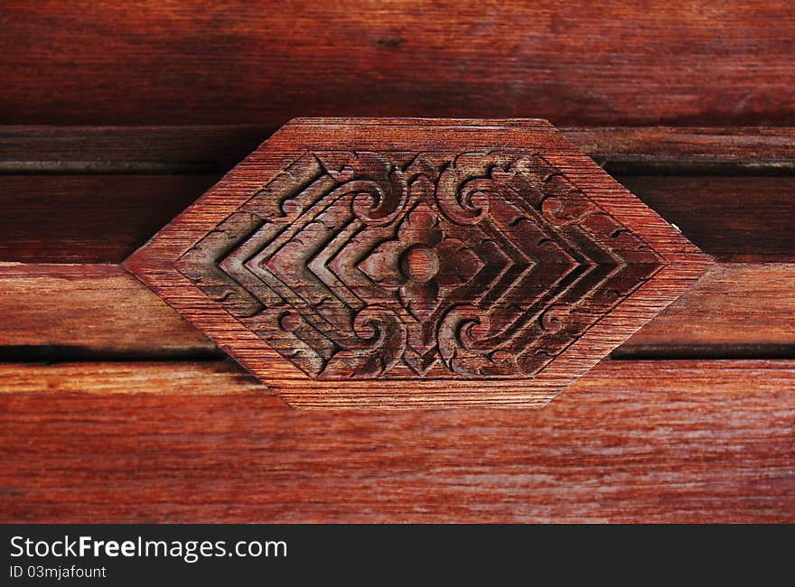 A detail image of a wood carving fresco in a wat in Bangkok thailand