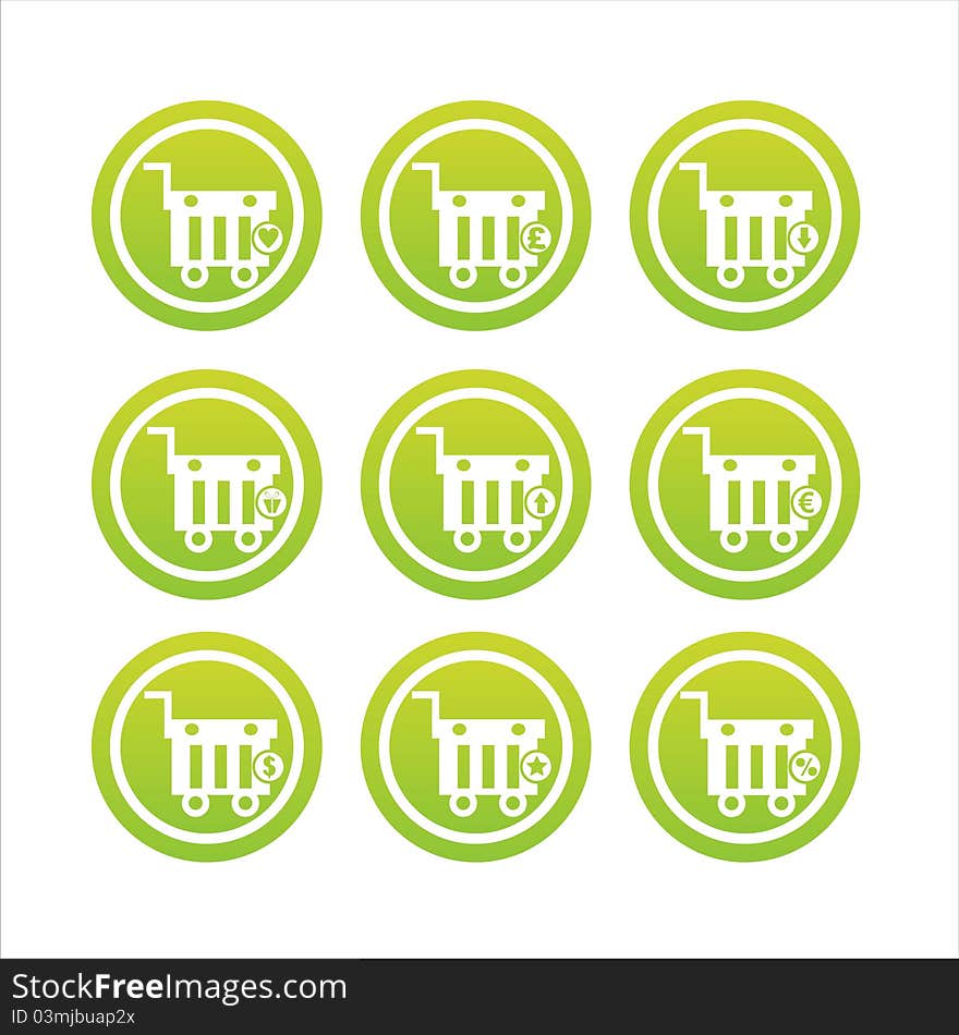 Set of 9 green shopping baskets signs