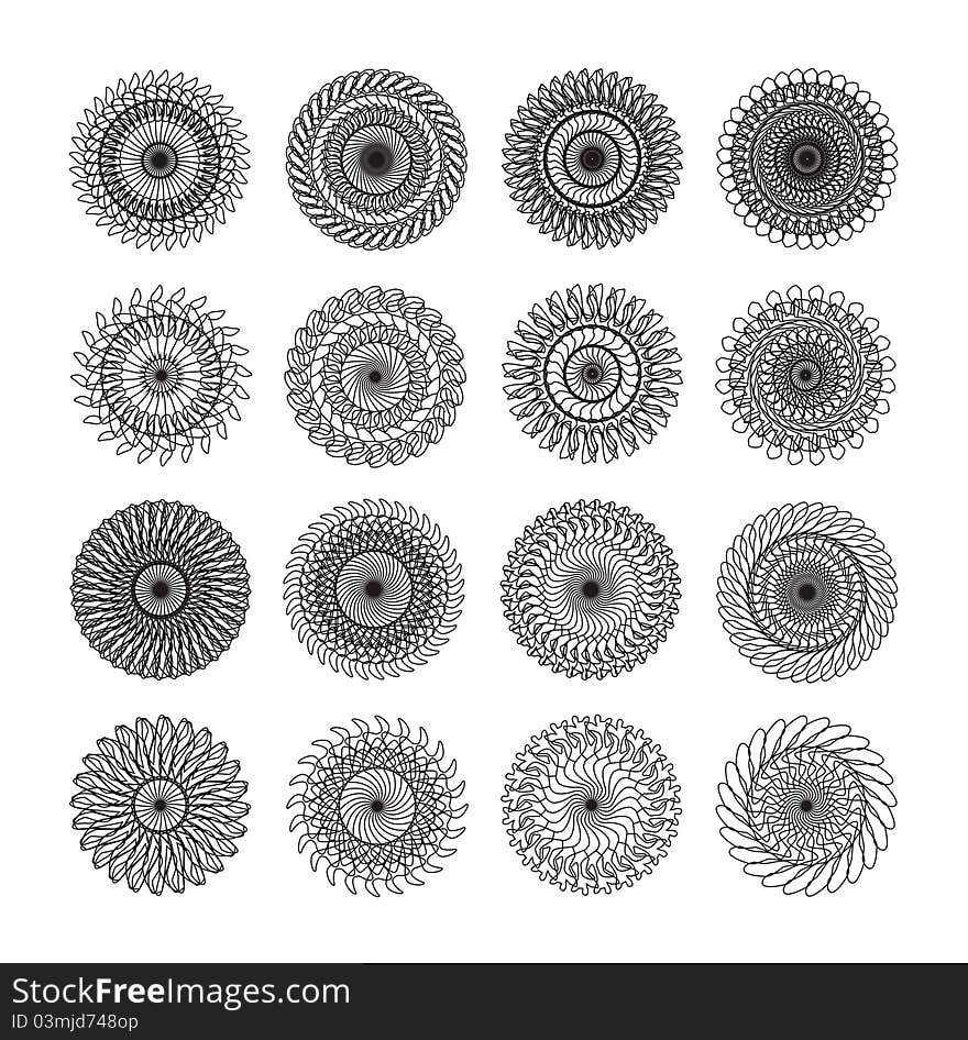 16 ornaments (rosettes) black on white for stamps. 16 ornaments (rosettes) black on white for stamps